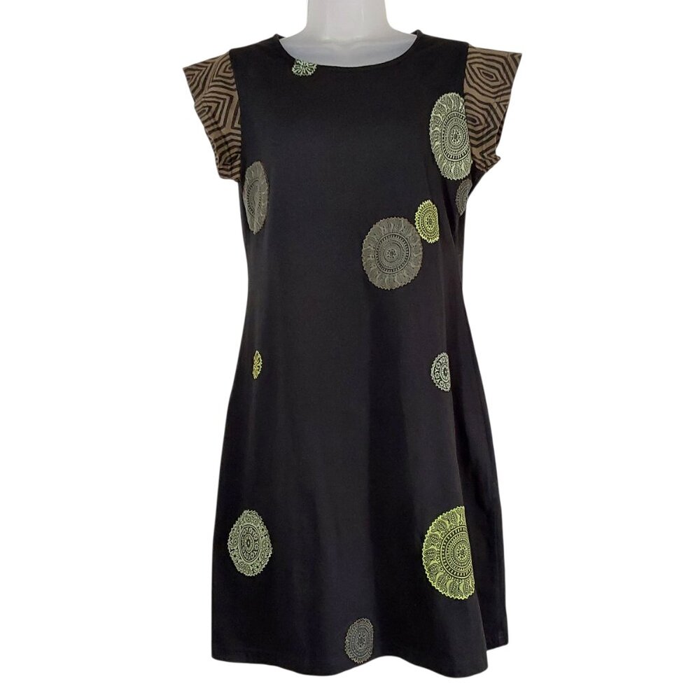 Adria Mode Organic Cotton Black w Mandalas Short Sleeve A-Line Boho Chic Dress M